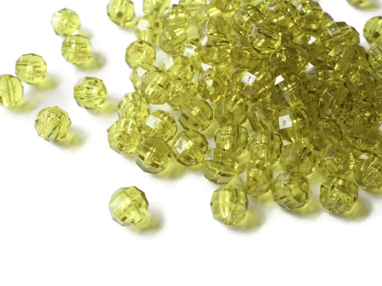 100 6mm Green Faceted Round Beads Small Olive Green Beads Vintage Plastic Beads